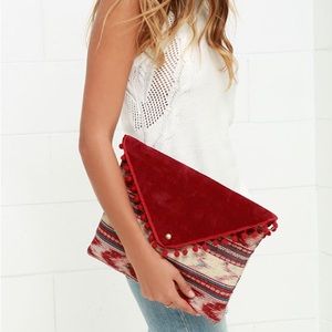 Lulus Shake Your Pompom Wine Red Print Clutch